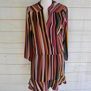 Veronica M Los Angeles MULTI-COLOR STRIPED V-NECK RUFFLE DETAIL DRESS SZ S